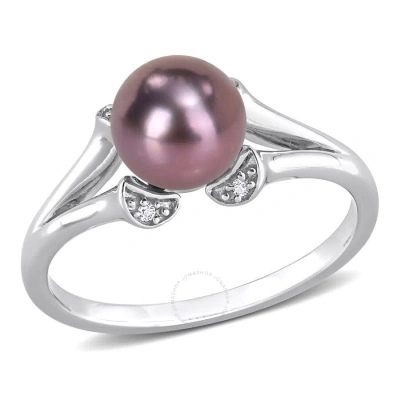 Amour 7-7.5mm Black Freshwater Cultured Pearl And White Topaz Split Shank Ring In Sterling Silver