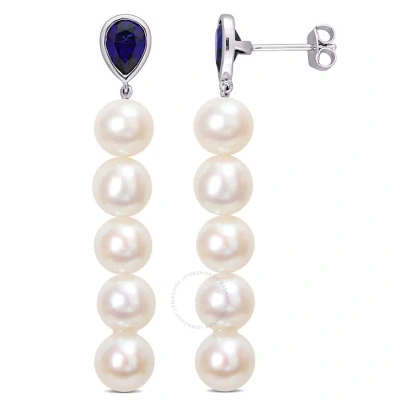 Amour 7-7.5mm Cultured Freshwater Pearl And 2 1/3 Ct Tgw Created Blue Sapphire Linear Earrings In St In White