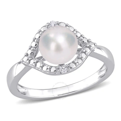 Amour 7-7.5mm Freshwater Cultured Pearl And Created White Sapphire Halo Ring In Sterling Silver