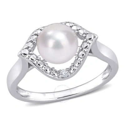Amour 7-7.5mm Freshwater Cultured Pearl And Created White Sapphire Halo Ring In Sterling Silver