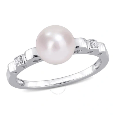 Amour 7-7.5mm Freshwater Cultured Pearl And Created White Sapphire Ring In Sterling Silver