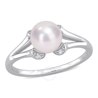 Amour 7-7.5mm Freshwater Cultured Pearl And Created White Sapphire Split-shank Ring In Sterling Silv
