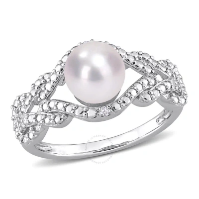 Amour 7-7.5mm Freshwater Cultured Pearl And Diamond Accent Infinity Ring In Sterling Silver In White