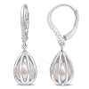 AMOUR AMOUR 7-7.5MM FRESHWATER CULTURED PEARL AND DIAMOND ACCENT PEARL LEVERBACK EARRINGS IN STERLING SILV