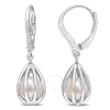 Amour 7-7.5mm Freshwater Cultured Pearl And Diamond Accent Pearl Leverback Earrings In Sterling Silv In White