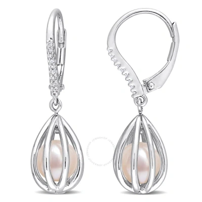 Amour 7-7.5mm Freshwater Cultured Pearl And Diamond Accent Pearl Leverback Earrings In Sterling Silv In White