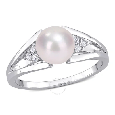 Amour 7-7.5mm Freshwater Cultured Pearl And Diamond Accent Split-shank Ring In Sterling Silver In White