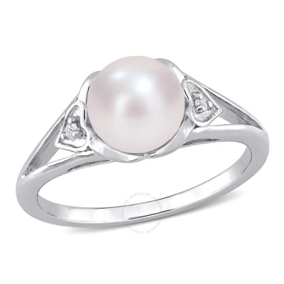 Amour 7-7.5mm Freshwater Cultured Pearl And Diamond Accent Split-shank Ring In Sterling Silver In White