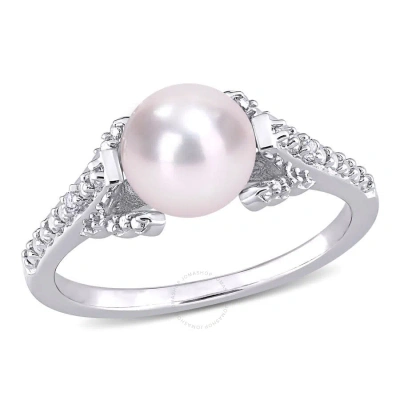 Amour 7-7.5mm Freshwater Cultured Pearl And Diamond Accent Vintage Ring In Sterling Silver In White