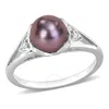 Amour 7-7.5mm Black Freshwater Cultured Pearl And Diamond Accent Heart Ring In Sterling Silver In White