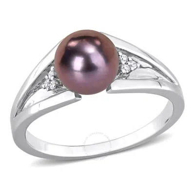 Amour 7-7.5mm Black Freshwater Cultured Pearl And Diamond Accent Split Shank Ring In Sterling Silver In White