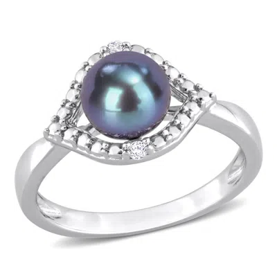 Amour 7-7.5mm Black Freshwater Cultured Pearl And White Topaz Halo Ring In Sterling Silver In Blue