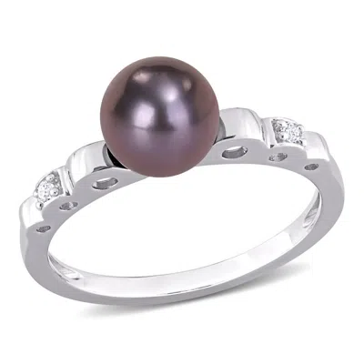 Amour 7-7.5mm Black Freshwater Cultured Pearl And White Topaz Ribbed Design Ring In Sterling Silver In Blue