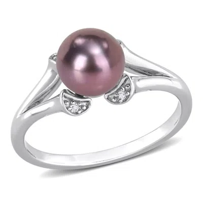 Amour 7-7.5mm Black Freshwater Cultured Pearl And White Topaz Split Shank Ring In Sterling Silver In Blue