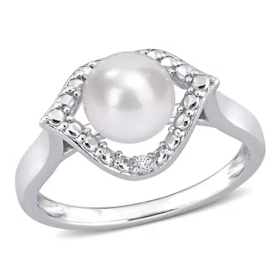 Amour 7-7.5mm Freshwater Cultured Pearl And Created White Sapphire Halo Ring In Sterling Silver In Metallic