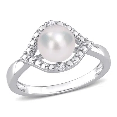 Amour 7-7.5mm Freshwater Cultured Pearl And Created White Sapphire Halo Ring In Sterling Silver In Metallic