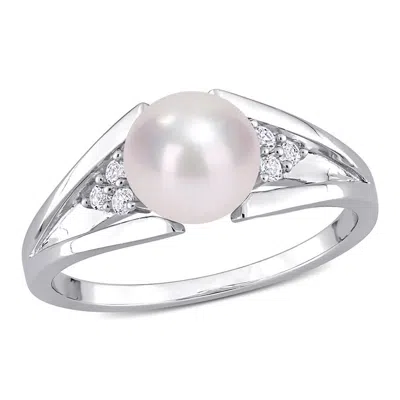 Amour 7-7.5mm Freshwater Cultured Pearl And Diamond Accent Split-shank Ring In Sterling Silver In Metallic