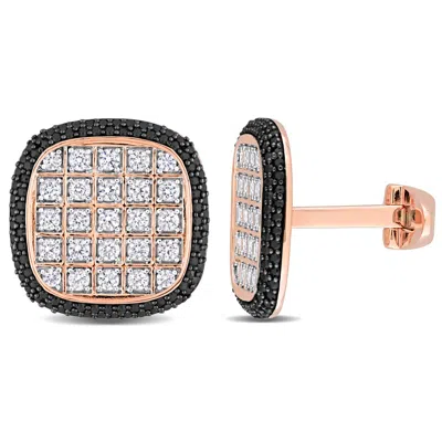Amour 7 Ct Tgw White Sapphire And Black Spinel Square Cluster Cufflinks In Black Rhodium Plated Rose In Pink