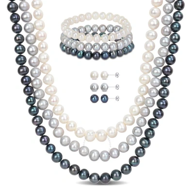 Amour 7-piece Jewelry Set (white/black/grey) Freshwater Cultured 7.5-8mm Pearls - 3-strand Necklace In Multi-color