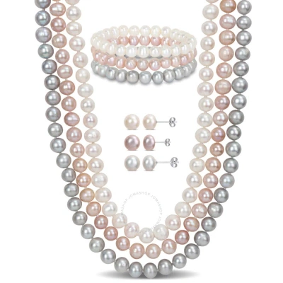 Amour 7-piece Jewelry Set (white/grey/pink) Freshwater Cultured 7.5-8mm Pearls - 3-strand Necklace In Multi-color