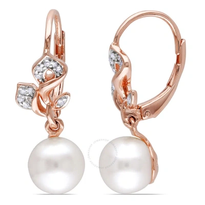 Amour 7.5 - 8 Mm White Cultured Freshwater Pearl And 1/10 Ct Tw Diamond Floral Leverback Drop Earrin In Pink