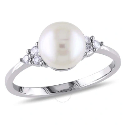 Amour 7.5 - 8 Mm White Cultured Freshwater Pearl And 1/8 Ct Tw Diamond Ring In 10k White Gold In Gold / White