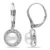 AMOUR AMOUR 7.5 - 8 MM WHITE CULTURED FRESHWATER PEARL AND DIAMOND FILIGREE HALO LEVERBACK DROP EARRINGS I