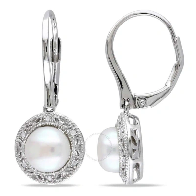 Amour 7.5 - 8 Mm White Cultured Freshwater Pearl And Diamond Filigree Halo Leverback Drop Earrings I In Silver / White