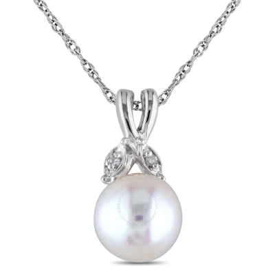 Amour 7.5 - 8 Mm White Cultured Freshwater Pearl And Diamond Pendant With Chain In 10k White Gold