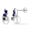 AMOUR AMOUR 7.5 - 8 MM WHITE CULTURED FRESHWATER PEARL EARRINGS WITH DIAMONDS AND SAPPHIRE IN 10K WHITE GO