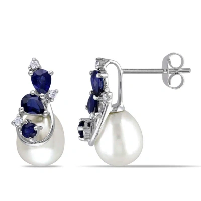 Amour 7.5 - 8 Mm White Cultured Freshwater Pearl Earrings With Diamonds And Sapphire In 10k White Go