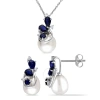 AMOUR AMOUR 7.5 - 9 MM CULTURED FRESHWATER PEARL 1/10 CT TW DIAMOND AND BLUE SAPPHIRE 3-STONE EARRINGS AND