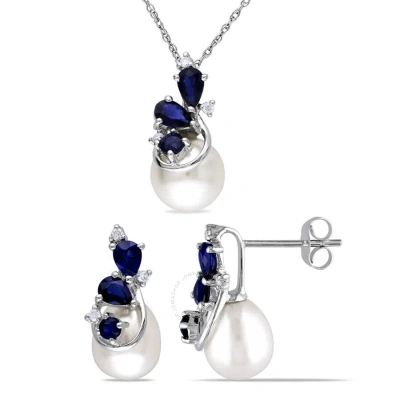 Amour 7.5 - 9 Mm Cultured Freshwater Pearl 1/10 Ct Tw Diamond And Blue Sapphire 3-stone Earrings And In White