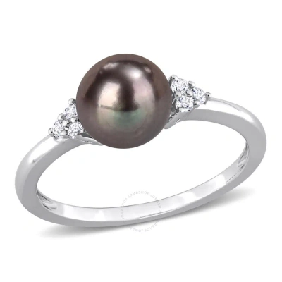 Amour 7.5-8mm Black Freshwater Cultured Pearl And 1/5 Ct Tgw White Topaz Cocktail Ring In Sterling S