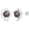 AMOUR AMOUR 7.5-8MM BLACK FRESHWATER CULTURED PEARL AND WHITE TOPAZ FLORAL STUD EARRINGS IN STERLING SILVE