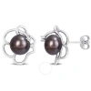 Amour 7.5-8mm Black Freshwater Cultured Pearl And White Topaz Floral Stud Earrings In Sterling Silve In White