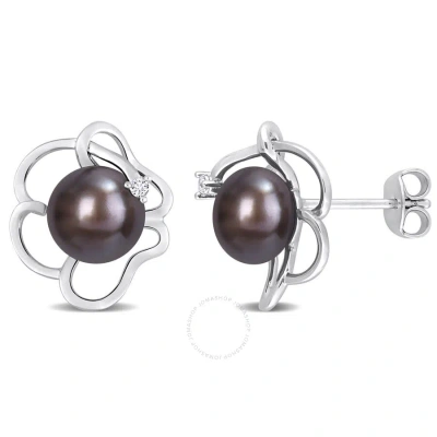 Amour 7.5-8mm Black Freshwater Cultured Pearl And White Topaz Floral Stud Earrings In Sterling Silve In Metallic