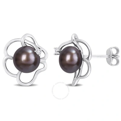 Amour 7.5-8mm Black Freshwater Cultured Pearl And White Topaz Floral Stud Earrings In Sterling Silve