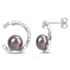 AMOUR AMOUR 7.5-8MM BLACK FRESHWATER CULTURED PEARL AND WHITE TOPAZ OPEN WAVE EARRINGS IN STERLING SILVER