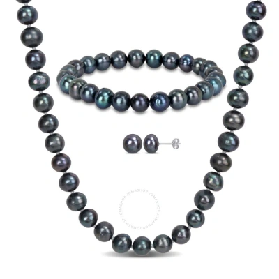 Amour 7.5-8mm Freshwater Cultured Black Pearl Necklace Bracelet And Earrings Set In Sterling Silver