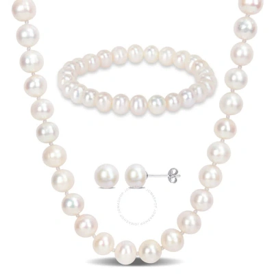 Amour 7.5-8mm Freshwater Cultured Pearl 3-piece Set Of Necklace Earrings & Bracelet In Sterling Silv In White