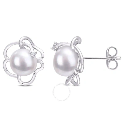 Amour 7.5-8mm Freshwater Cultured Pearl And Created White Sapphire Floral Stud Earrings In Sterling  In Metallic