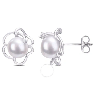 Amour 7.5-8mm Freshwater Cultured Pearl And Created White Sapphire Floral Stud Earrings In Sterling