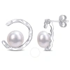 AMOUR AMOUR 7.5-8MM FRESHWATER CULTURED PEARL AND CREATED WHITE SAPPHIRE OPEN WAVE STUD EARRINGS IN STERLI