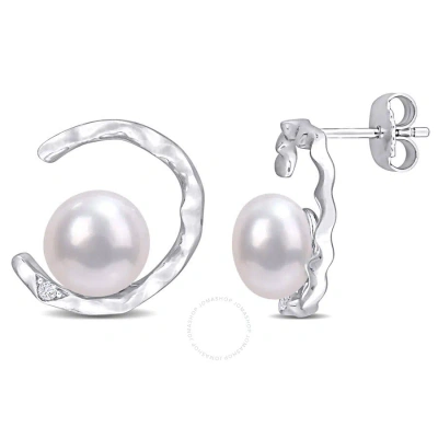 Amour 7.5-8mm Freshwater Cultured Pearl And Created White Sapphire Open Wave Stud Earrings In Sterli