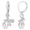 AMOUR AMOUR 7.5-8MM FRESHWATER CULTURED PEARL AND DIAMOND ACCENT BOW LEVERBACK EARRINGS IN STERLING SILVER