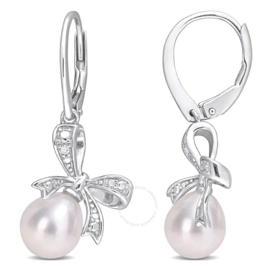 Amour 7.5-8mm Freshwater Cultured Pearl And Diamond Accent Bow Leverback Earrings In Sterling Silver In White