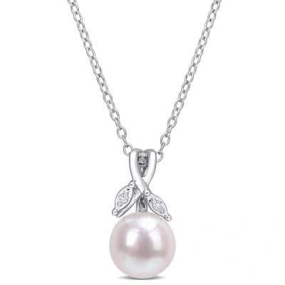 Amour 7.5-8mm Freshwater Cultured Pearl And Diamond Accent Drop Pendant With Chain In Sterling Silve In White