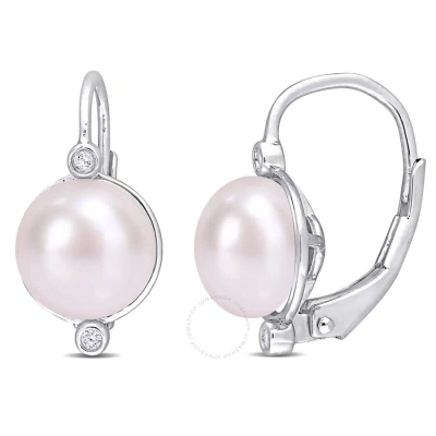 Amour 7.5-8mm Freshwater Cultured Pearl And Diamond Accent Leverback Earrings In Sterling Silver In White