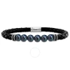 Amour 7.5-8mm Men's Black Cultured Freshwater Pearl Braided Black Leather Bracelet With Diamond Acce In Black